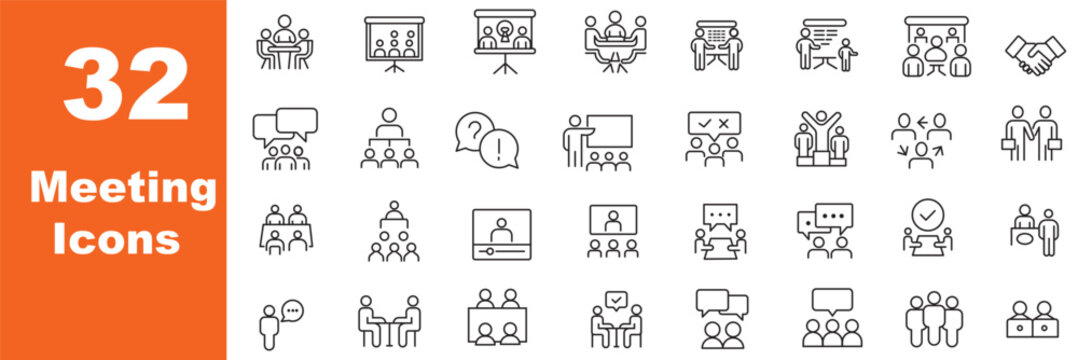 Meeting in line style set. Editable web icons for conference, business meating, discussion, planning, event, teamwork, seminar etc. Vector illustration.