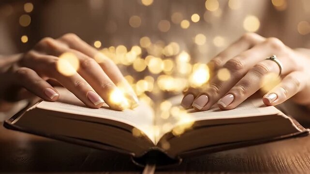 Hands Opening a Book with Glowing Light and Magic.