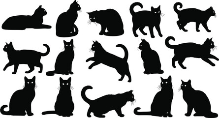 Large collection of black cat silhouettes, domestic feline icons in various poses, sitting, walking, © Lija