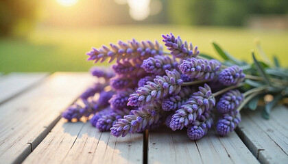 Fototapeta premium Fresh Lavender Bouquet on Wooden Table – Purple Flowers in Warm Sunset Light