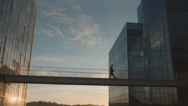 Silhouette person walking modern glass skybridge between office buildings sunrise, urban cityscape architecture reflection, professional business exterior, contemporary structure, highrise skyline
