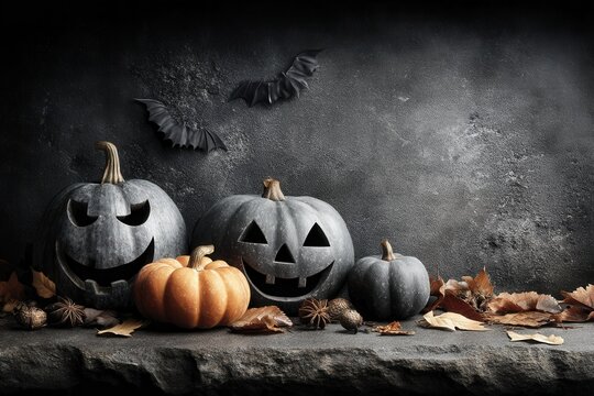 Ab&oacute;boras de Halloween esculpidas com rostos assustadores em um ambiente sombrio com morcegos na parede e folhas secas sobre uma mesa de pedra.