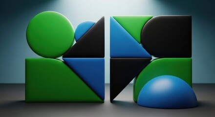 A balanced 3D abstract geometric arrangement of vibrant shapes with soft shadows