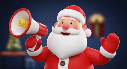 A cartoon Santa Claus holding a megaphone and gesturing, blurred holiday objects