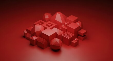 A cluster of red geometric shapes casts shadows on a matching surface