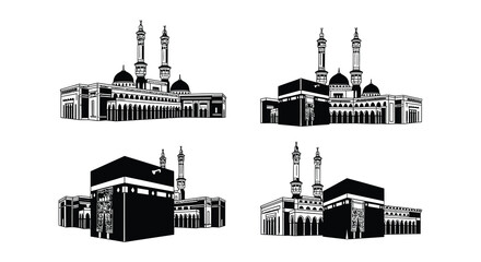 Detailed black and white illustrations of the kaaba and holy mosque © Begum