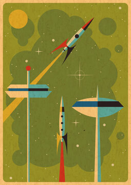 1950s Poster Vector Template. Mid Century Modern Style Illustration, 50s Template for Retro Party, Event Poster, Atomic Age Style, Space Age Design, Abstract Shapes, 1950s Colors, Aged Paper Texture
