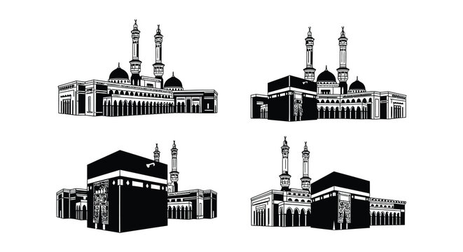 Detailed black and white illustrations of the kaaba and holy mosque