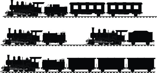 Collection of steam locomotive silhouettes with passenger, boxcar, and freight train configurations, showcasing historical rail transport compositions for educational, design, and artistic use © Umme