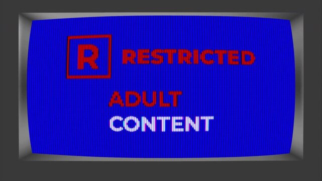 glitch effect distorted restricted adult content warning on Analog VHS Blue Screen digital, vintage television, with broadcast message
