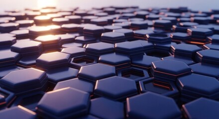Fototapeta premium A futuristic, dark blue honeycomb surface, illuminated with an orange-gold glow from above