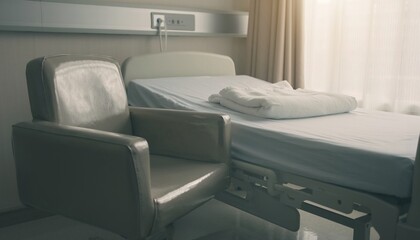 Fototapeta premium Hospital room interior with adjustable bed and armchair next to the window with curtains