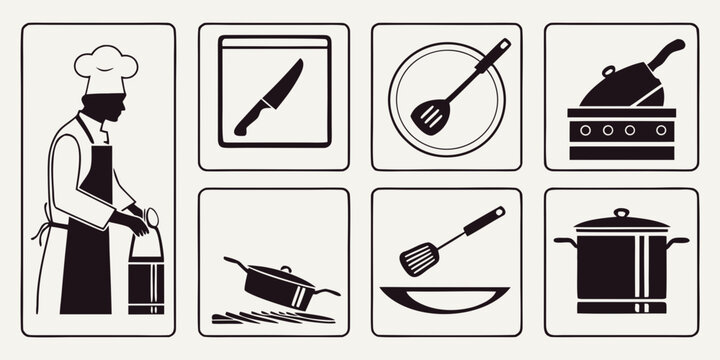 Chef and culinary tools icons representing various cooking methods and utensils Vector