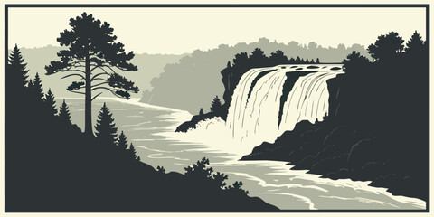 A serene landscape featuring a majestic waterfall cascading into a tranquil river. Vector © Arisfa