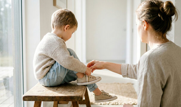 Authentic lifestyle shot of mother helping her toddler put on sneakers while sitting on rustic wooden bench in bright minimalist home interior