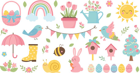 Cute spring season elements collection with easter decorations flowers animals vector illustration © EdGe Creative