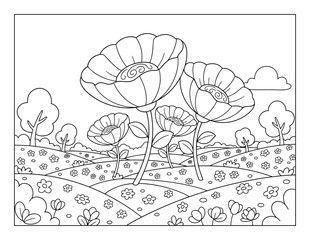 Naklejka premium Coloring book page with whimsical poppy field landscape outline art