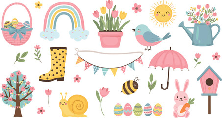 Spring elements collection with flowers rainbow bunny eggs cute seasonal vector illustration © EdGe Creative