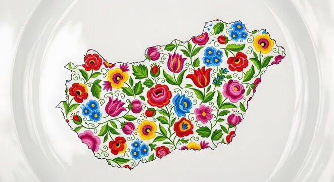 Map of Hungary filled with traditional Kalocsa floral embroidery pattern on white ceramic plate