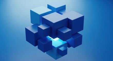Obraz premium Abstract 3D composition of interlocked blue cubes, with a bright inner glow