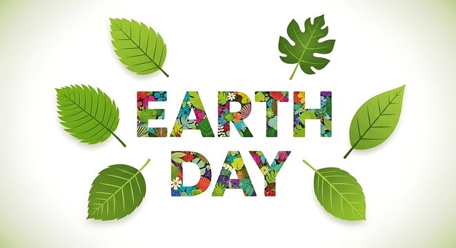 Earth day text with colorful leaves on isolated white background
