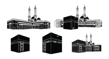 Detailed black and white illustrations of the kaaba and holy mosque © Begum