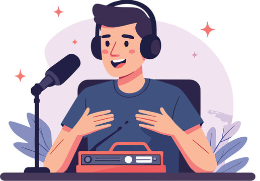 ragazzo  radio podcast seduto scrivania  con vestiti multicolori, vettoriale