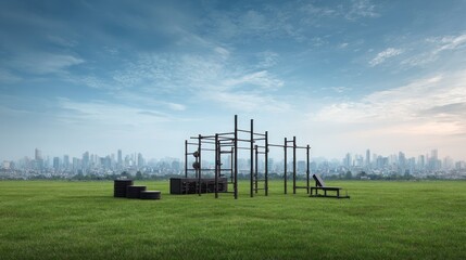 Outdoor fitness area set on a lush green field with a city skyline in the distant background