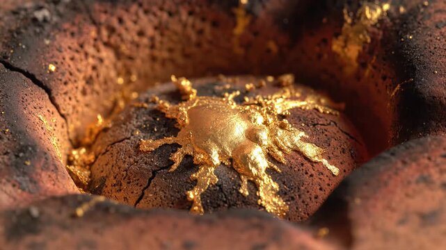 Molten Gold Splashing From Cracked Crucible Extreme Close Up Macro Shot With Fiery Red Glow Background