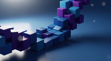 Fototapeta premium Abstract, curved design with pixelated 3D cubes in shades of blue and purple