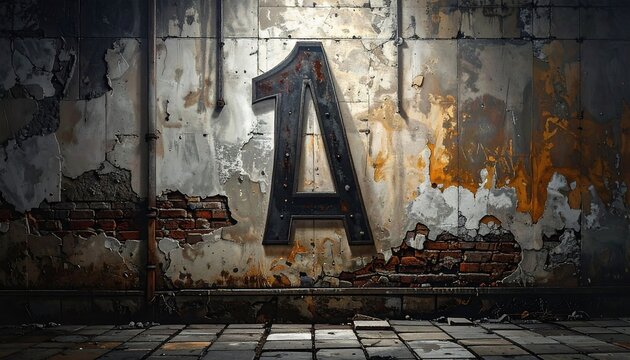 A close-up of a decaying wall with a large, industrial-style "1A" sign on it. The brick wall is weathered and worn