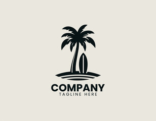 Obraz premium Tropical palm tree with surfboard in clean modern beach lifestyle vector illustration style