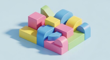 Obraz premium Colorful 3D geometric shapes, pastel tones, arranged into a cubic structure with shadows