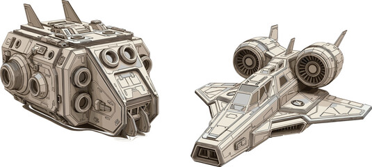 Futuristic sci-fi spacecraft vector illustration set with detailed space shuttle and cargo module designs for science fiction games, space exploration, and technology concept art projects © Jahangir