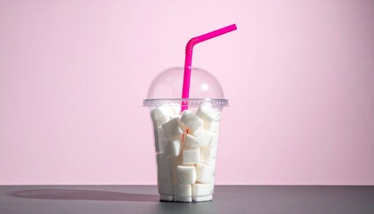 Sweet Danger: Disposable Cup Filled with Excessive Sugar Cubes and Pink Straw