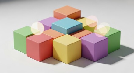 Obraz premium Colorful stacked cubes in a pyramid arrangement, brightly lit with soft highlights