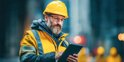 Obraz premium A construction worker wearing safety gear uses a tablet on-site, blending technology with manual labor in an industrial environment.
