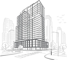 Fototapeta premium Modern city apartment building exterior outline vector illustration for real estate, architectural design and urban planning