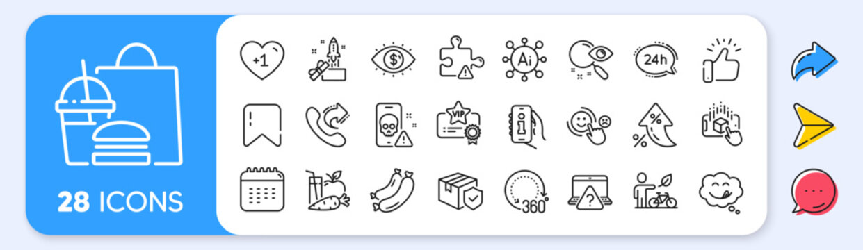 Eco bike, 360 degrees and Sausage line icons. Interest rate, AI generate, Inflation icons. Pack of Share call, Fast food, Calendar icon. Yummy smile, Online question, Vip certificate pictogram. Vector