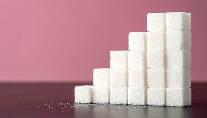 Sweet Staircase: Stacked Sugar Cubes on a Pink Background Symbolizing Growth or Excess