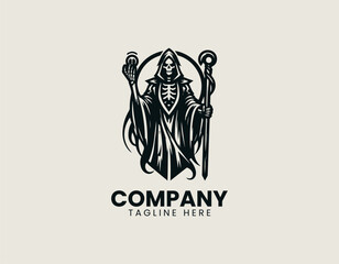 Obraz premium Stylized skeletal female figure with robe holding rifle and staff is presented as bold monochrome vector logo on clean white background for edgy gaming and apparel branding