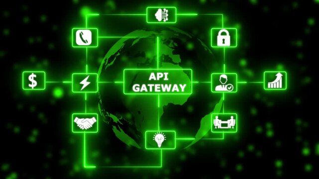  API  geteway network interface with digital connections neon digital solution concept with connected technology icons..
