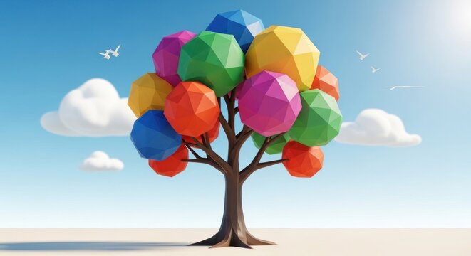 Low-poly tree with multicolored, faceted spheres as leaves, against a blue sky with clouds