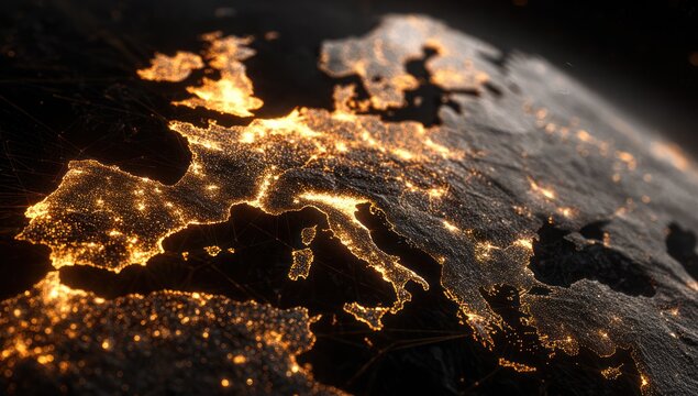 A detailed map of Europe, illuminated by the glowing lights of its cities, showcases a rich tapestry of urban development across the continent.