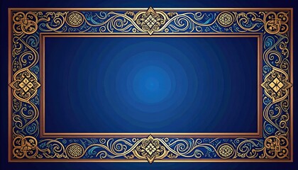 Obraz premium Ornate gold and blue rectangular frame with scrollwork and geometric patterns, dark blue center
