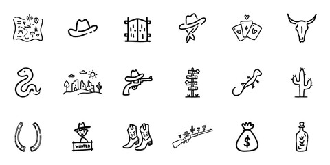 Fototapeta premium Wild West Themed Line Icon Set In Doodle Style. Cowboy Culture, Adventure, And Frontier Life Outline Sketch Collection. Western Symbols And Imagery. Hand Drawn Isolated Vector Illustration