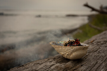 A close up image of a burning white sage smudge bundle in an abalone sea shell and resting on an old weathered driftwood log.  The Pacific Ocean is in the background. 