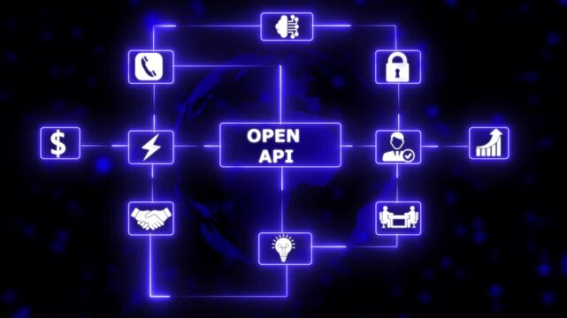 Open API network interface with digital connections neon digital solution concept with connected technology icons..