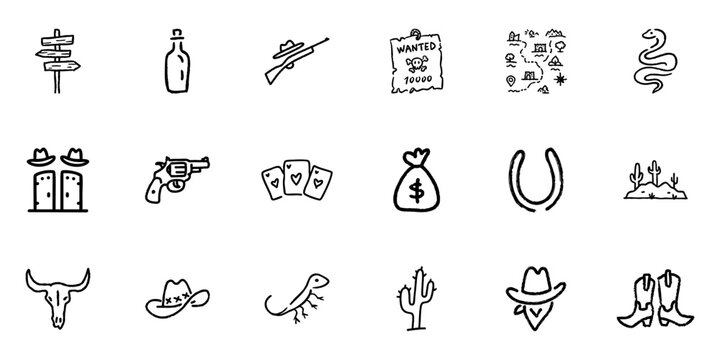 Wild West Icon Set In Doodle Style. Cowboy Culture, Adventure, And Frontier Life Outline Sketch Collection. Western Symbols And Themes. Hand Drawn Isolated Vector Illustration