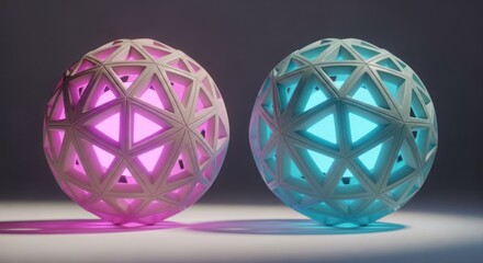 Two geometric orbs with triangular openings, glowing with pink and blue light